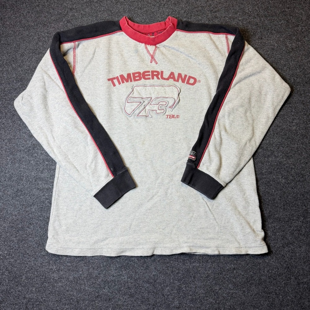 Y2K Timberland Thermal Shirt Mens L Gray Red 73 Graphic Waffle Knit Long Sleeve